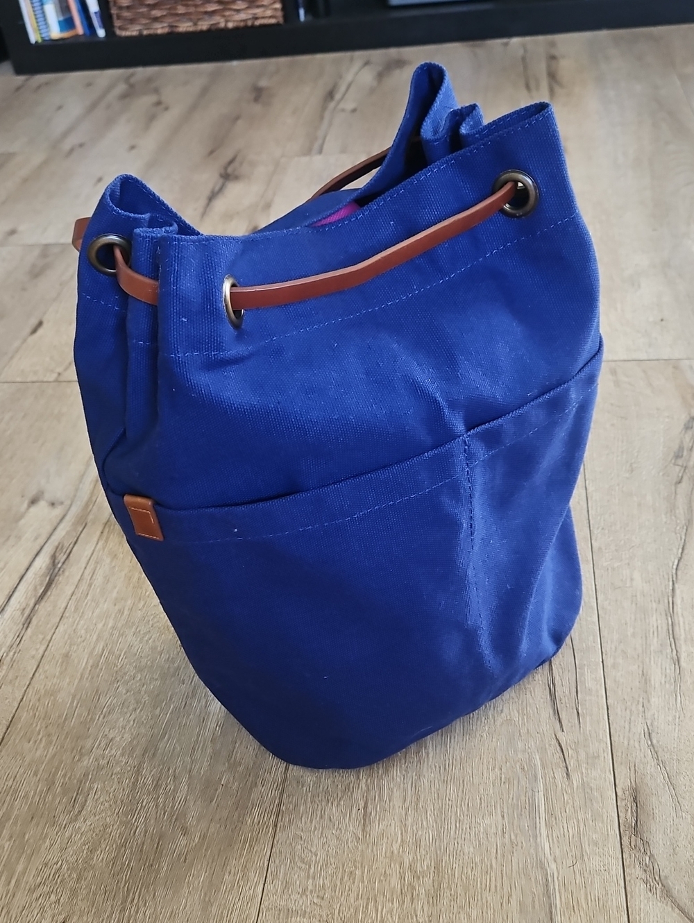 Blue Canvas Drawstring Bucket Bag